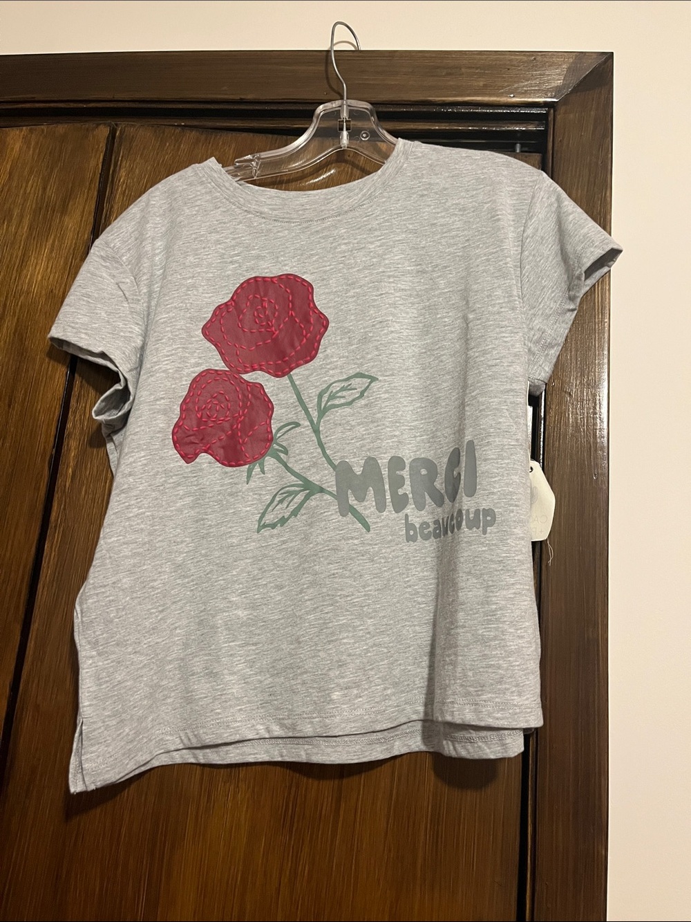 Merci Beaucoup Gray Short-Sleeve Tee with Red  Rose Graphic